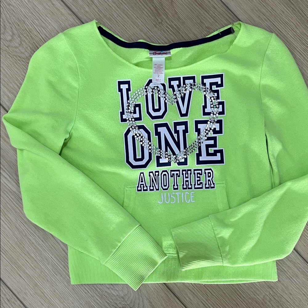 Justice Vibrant Y2K Inspired Comfy Neon Green Love Girls Graphic Sweatshirt